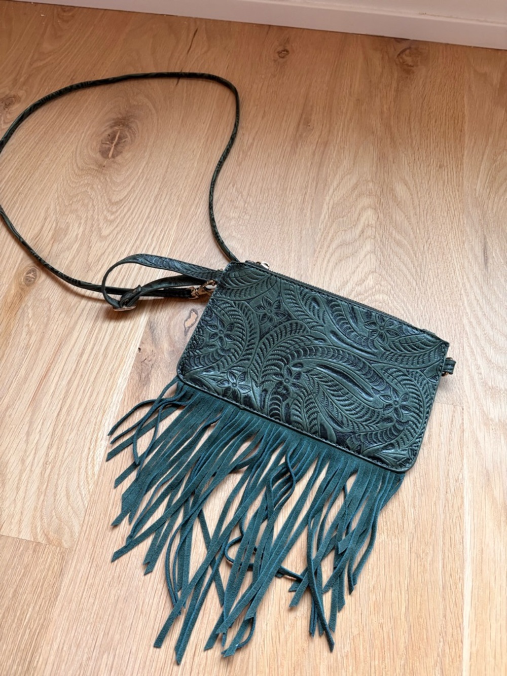 Fringed Embossed Crossbody Bag in Teal